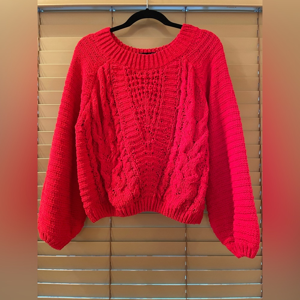 Bright Red Bubble Sleeve Sweater